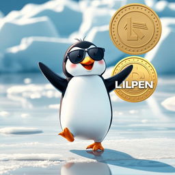 A cute penguin wearing sunglasses and dancing on ice, showcasing joyful movements