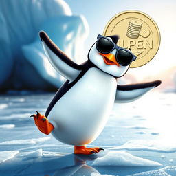 A cute penguin wearing sunglasses and dancing on ice, showcasing joyful movements