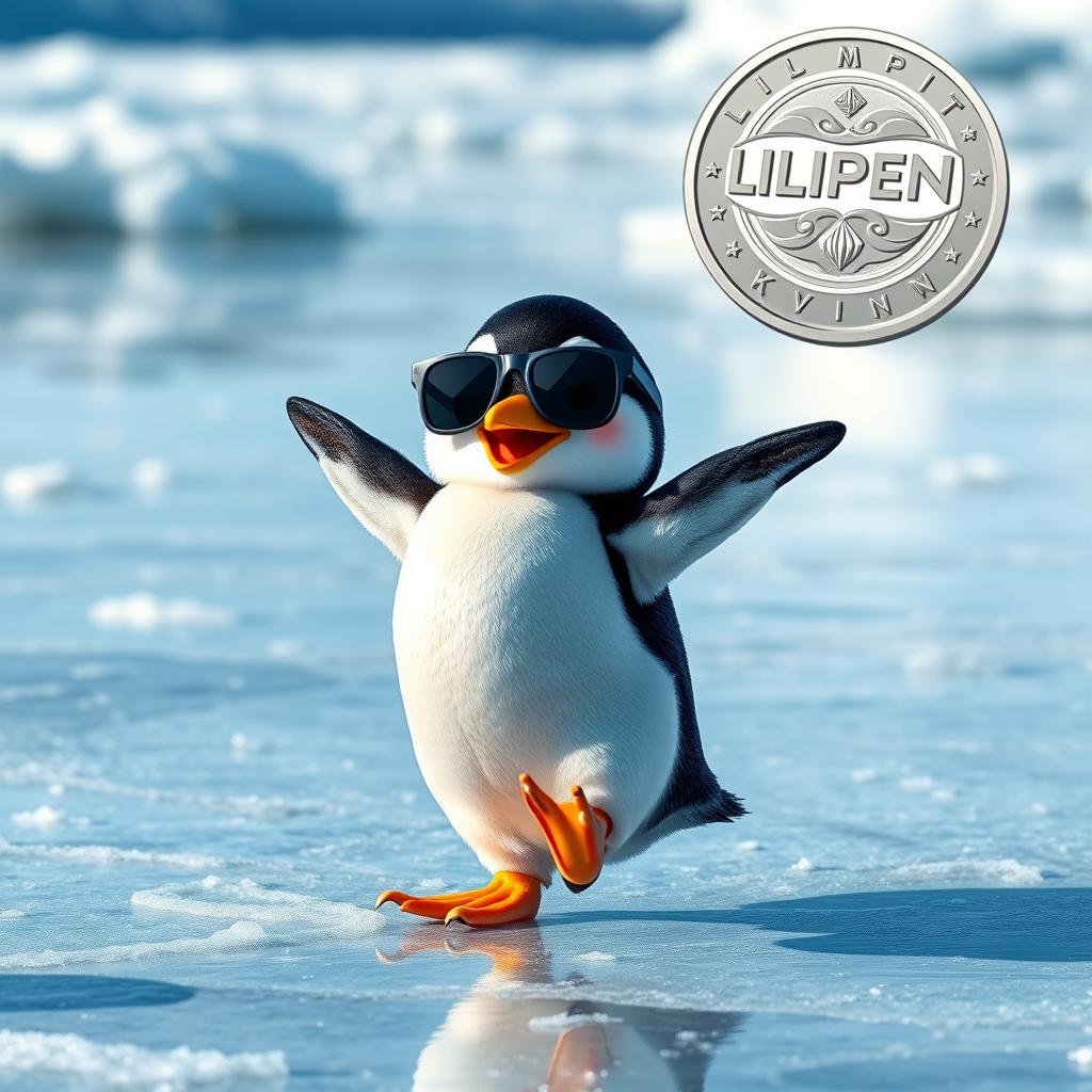 A cute penguin wearing sunglasses and dancing on ice, showcasing joyful movements
