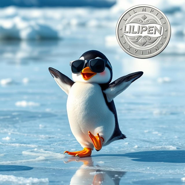 A cute penguin wearing sunglasses and dancing on ice, showcasing joyful movements