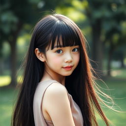 A youthful and elegant girl with extremely long, flowing black hair styled with bangs