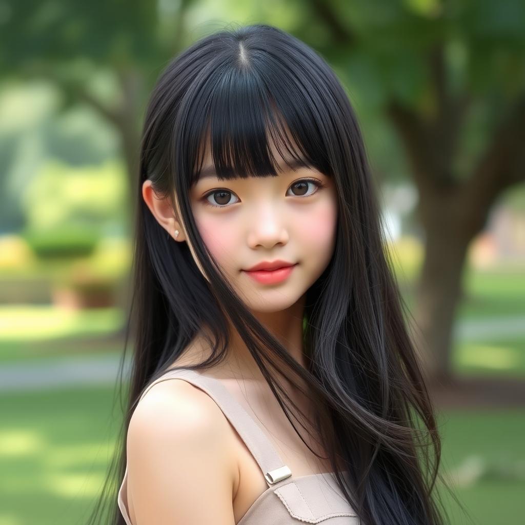 A youthful and elegant girl with extremely long, flowing black hair styled with bangs