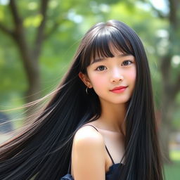 A youthful and elegant girl with extremely long, flowing black hair styled with bangs