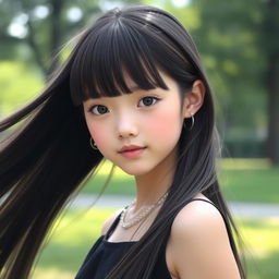 A youthful and elegant girl with extremely long, flowing black hair styled with bangs