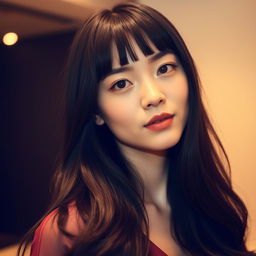 A sophisticated young woman with long, flowing black hair styled with bangs