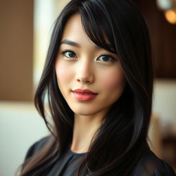 A sophisticated young woman with long, flowing black hair styled with bangs