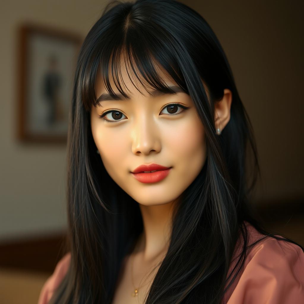 A sophisticated young woman with long, flowing black hair styled with bangs