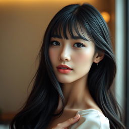 A sophisticated young woman with long, flowing black hair styled with bangs