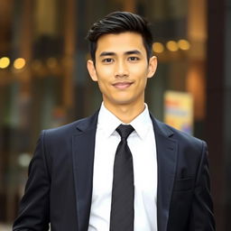 A tall, slightly thin young Indonesian man standing confidently in a neat black suit