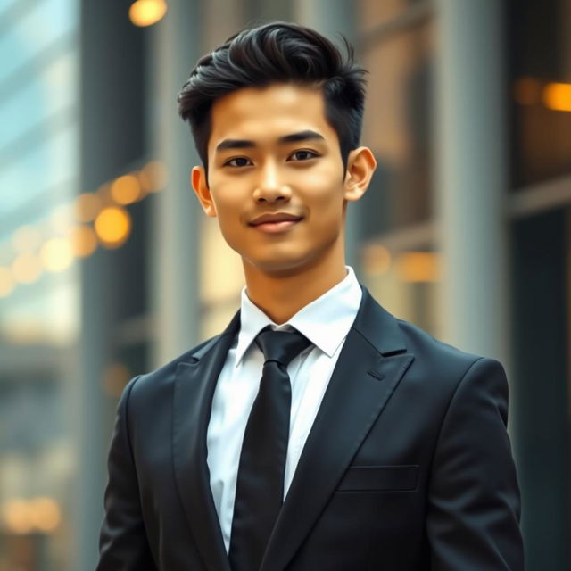 A tall, slightly thin young Indonesian man standing confidently in a neat black suit