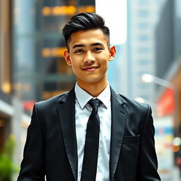 A tall, slightly thin young Indonesian man standing confidently in a neat black suit