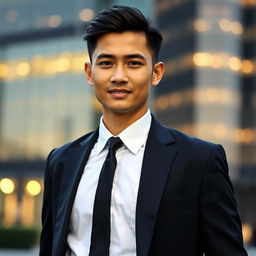 A tall, slightly thin young Indonesian man standing confidently in a neat black suit