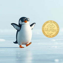 A minimalistic image of a cute penguin wearing sunglasses, dancing on an ice surface