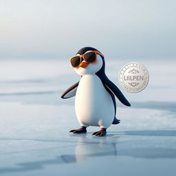 A minimalistic image of a cute penguin wearing sunglasses, dancing on an ice surface