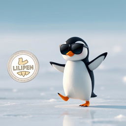 A minimalistic image of a cute penguin wearing sunglasses, dancing on an ice surface