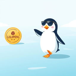 A minimalistic image of a cute penguin wearing sunglasses, dancing on an ice surface