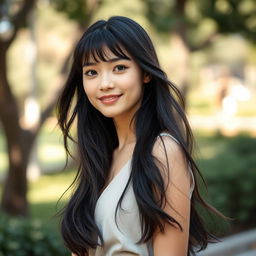 A natural and elegant young woman with long, flowing black hair styled with bangs, and an even lighter skin tone that enhances her lovely and refined facial features, showcasing her natural beauty