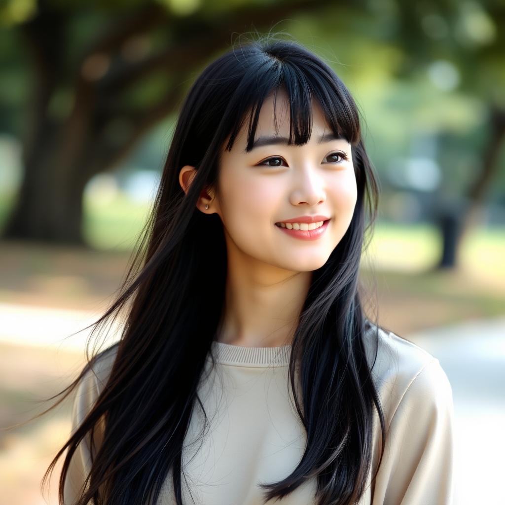 A natural and elegant young woman with long, flowing black hair styled with bangs, and an even lighter skin tone that enhances her lovely and refined facial features, showcasing her natural beauty