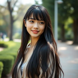 A natural and elegant young woman with long, flowing black hair styled with bangs, and an even lighter skin tone that enhances her lovely and refined facial features, showcasing her natural beauty