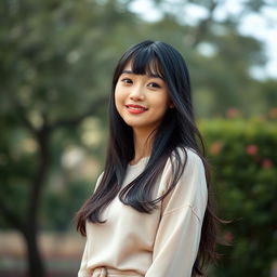 A natural and elegant young woman with long, flowing black hair styled with bangs, and an even lighter skin tone that enhances her lovely and refined facial features, showcasing her natural beauty