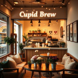A charming coffee shop named 'Cupid Brew', featuring a warm and inviting ambiance