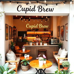 A charming coffee shop named 'Cupid Brew', featuring a warm and inviting ambiance