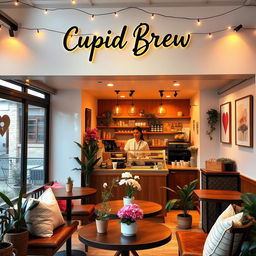 A charming coffee shop named 'Cupid Brew', featuring a warm and inviting ambiance