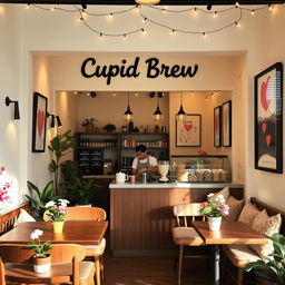 A charming coffee shop named 'Cupid Brew', featuring a warm and inviting ambiance