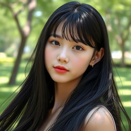 A youthful and elegant girl with extremely long, flowing black hair styled with bangs