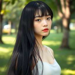 A youthful and elegant girl with extremely long, flowing black hair styled with bangs