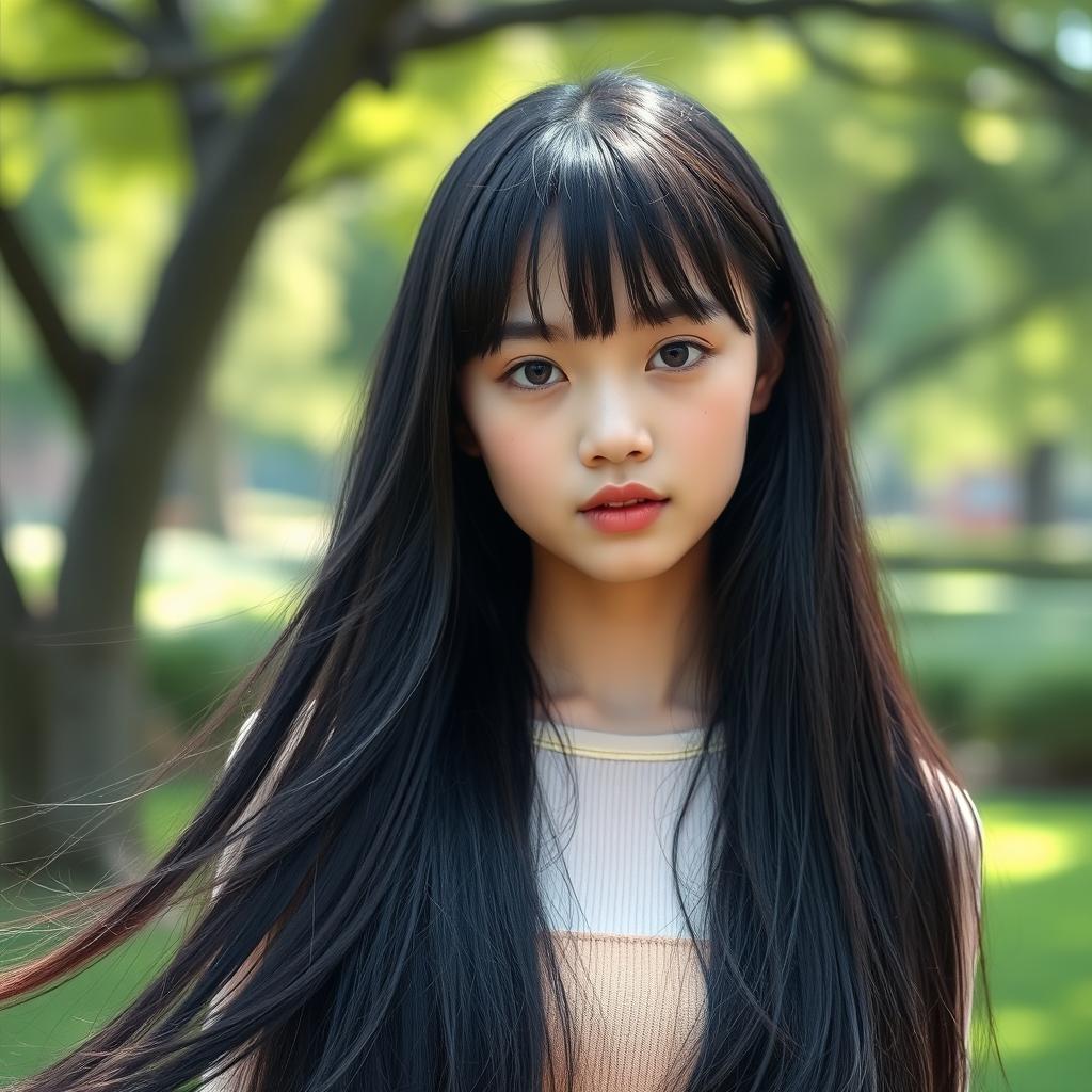 A youthful and elegant girl with extremely long, flowing black hair styled with bangs