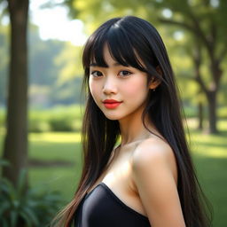 A youthful and elegant girl with extremely long, flowing black hair styled with bangs