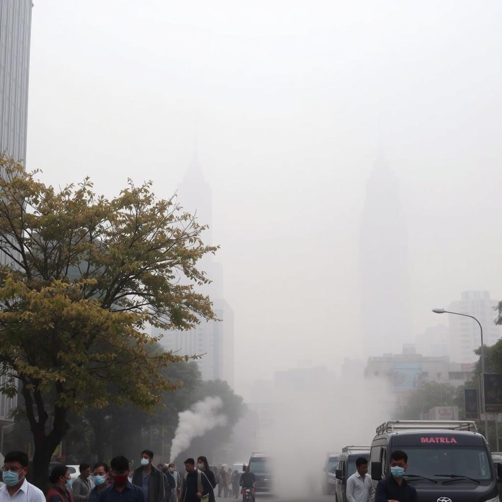 A bustling cityscape shrouded in a dense layer of smog and air pollution
