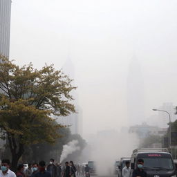 A bustling cityscape shrouded in a dense layer of smog and air pollution