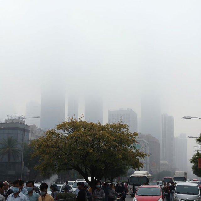 A bustling cityscape shrouded in a dense layer of smog and air pollution