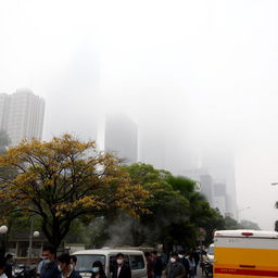A bustling cityscape shrouded in a dense layer of smog and air pollution