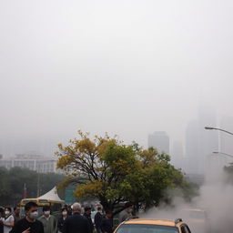 A bustling cityscape shrouded in a dense layer of smog and air pollution