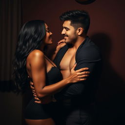 A sensual, intimate scene featuring an attractive Black woman, passionately engaged with an attractive Black man, while a handsome white man is also present, creating an air of playful and consensual flirtation