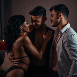A sensual, intimate scene featuring an attractive Black woman, passionately engaged with an attractive Black man, while a handsome white man is also present, creating an air of playful and consensual flirtation