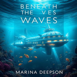 A captivating book cover for 'Beneath the Waves' by Marina Deepson, featuring a stunning underwater scene with a futuristic submarine city