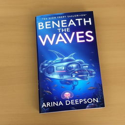 A captivating book cover for 'Beneath the Waves' by Marina Deepson, featuring a stunning underwater scene with a futuristic submarine city