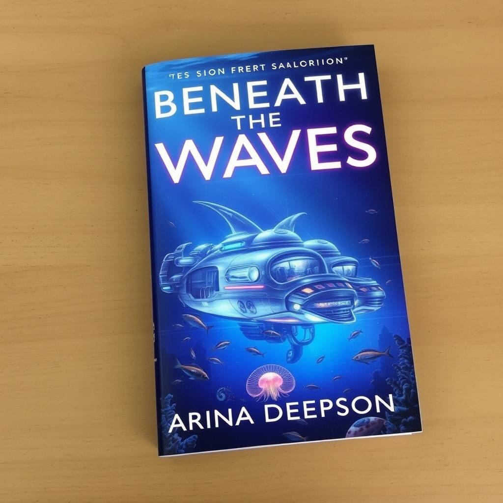 A captivating book cover for 'Beneath the Waves' by Marina Deepson, featuring a stunning underwater scene with a futuristic submarine city