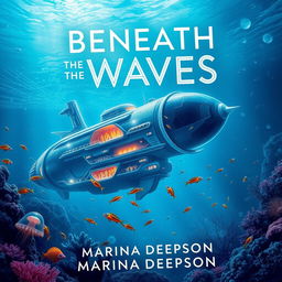 A captivating book cover for 'Beneath the Waves' by Marina Deepson, featuring a stunning underwater scene with a futuristic submarine city
