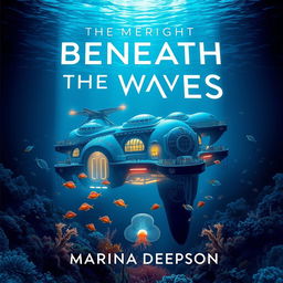 A captivating book cover for 'Beneath the Waves' by Marina Deepson, featuring a stunning underwater scene with a futuristic submarine city