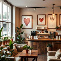 A cozy coffee shop named 'Cupid Brew', featuring a warm and inviting ambiance