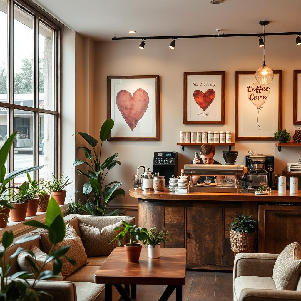 A cozy coffee shop named 'Cupid Brew', featuring a warm and inviting ambiance