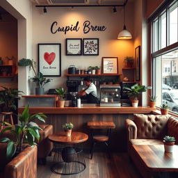 A cozy coffee shop named 'Cupid Brew', featuring a warm and inviting ambiance