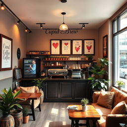 A cozy coffee shop named 'Cupid Brew', featuring a warm and inviting ambiance