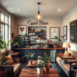 A cozy coffee shop named 'Cupid Brew', featuring a warm and inviting ambiance