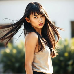 A sophisticated young woman with long, flowing black hair styled with bangs, featuring a lighter skin tone that highlights her refined facial features